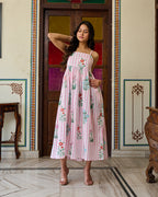Handcrafted Cotton Midi Dress Striped Floral Print & Spaghetti Straps