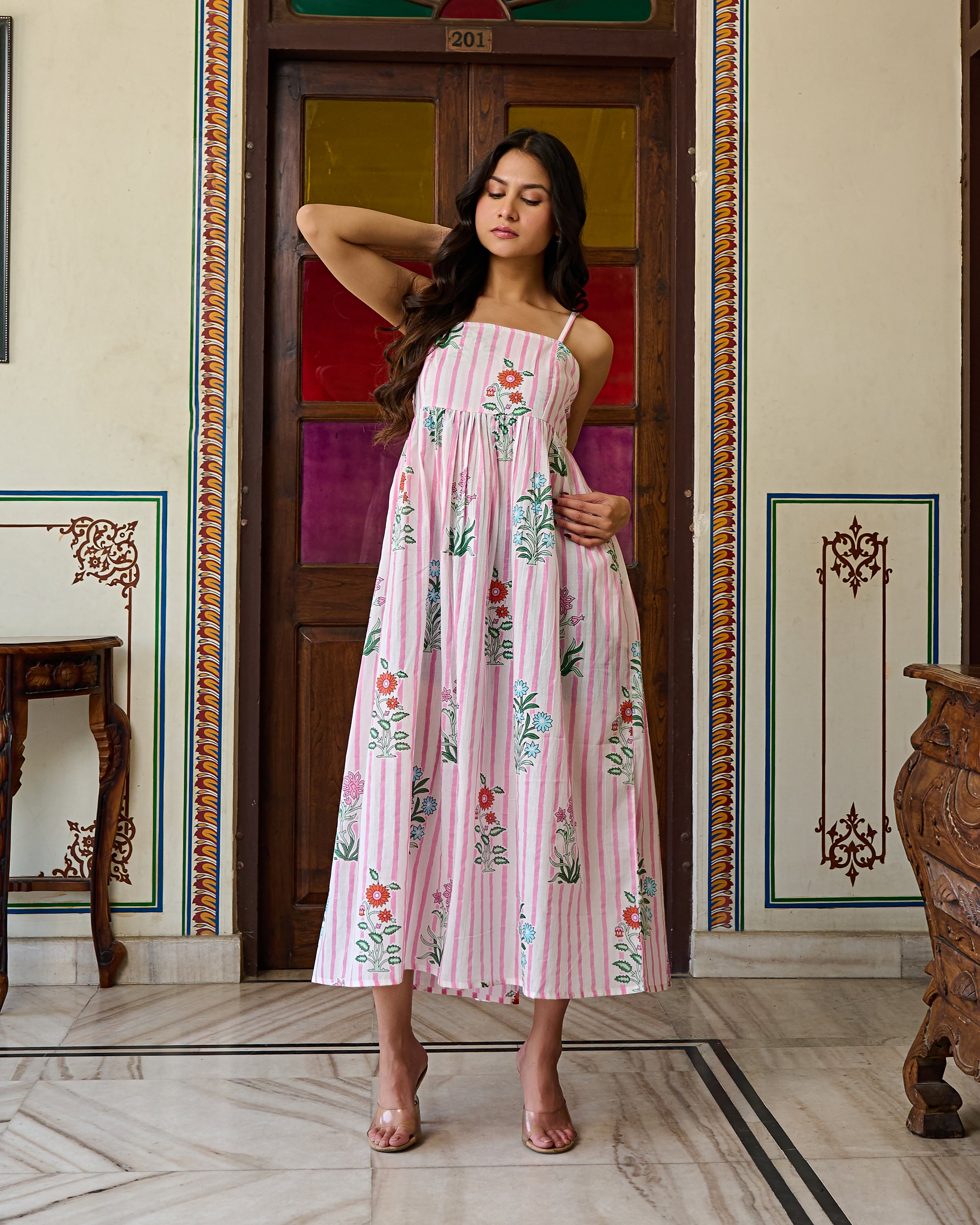 Handcrafted Cotton Midi Dress Striped Floral Print & Spaghetti Straps