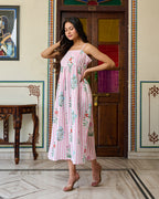 Handcrafted Cotton Midi Dress Striped Floral Print & Spaghetti Straps