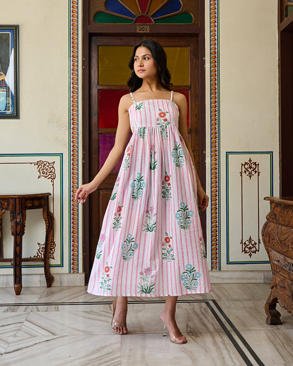 Handcrafted Cotton Midi Dress Striped Floral Print & Spaghetti Straps