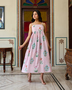 Handcrafted Cotton Midi Dress Striped Floral Print & Spaghetti Straps