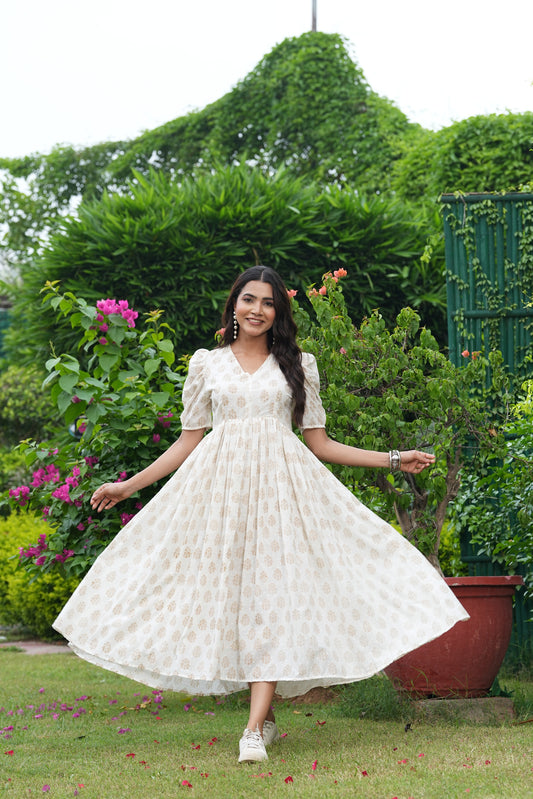 Elegant White Hand Block Printed Cotton Midi Dress – Puff Sleeves & V-Neck