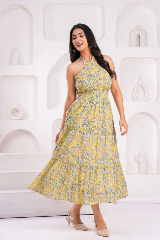 Yellow Floral Halter Neck Midi Dress – Cotton with Back Tie & Smocked Fit
