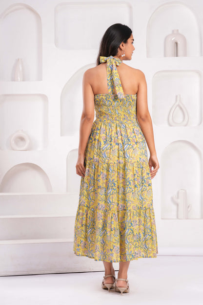 Yellow Floral Halter Neck Midi Dress – Cotton with Back Tie & Smocked Fit