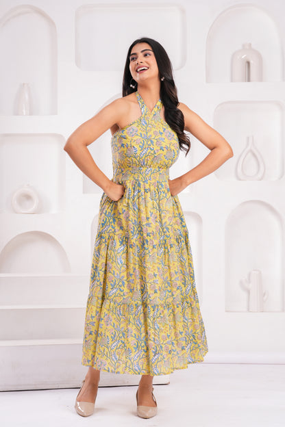 Yellow Floral Halter Neck Midi Dress – Cotton with Back Tie & Smocked Fit