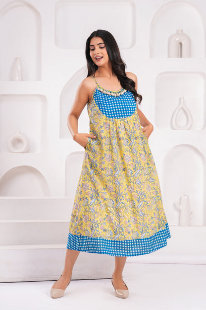 Women's Yellow Floral Cotton Midi Dress with Spaghetti Straps & Blue Gingham Yoke Detailing