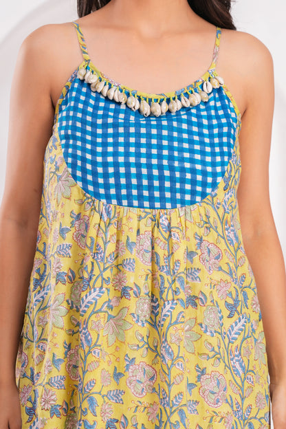 Women's Yellow Floral Cotton Midi Dress with Spaghetti Straps & Blue Gingham Yoke Detailing