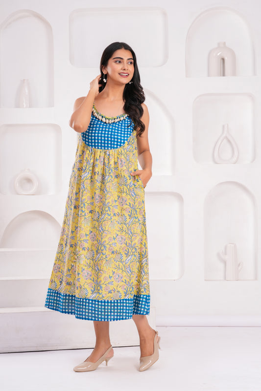 Women's Yellow Floral Cotton Midi Dress with Spaghetti Straps & Blue Gingham Yoke Detailing