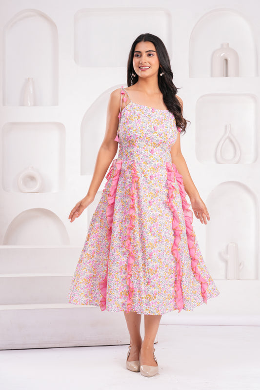 Women's Pink Floral Cotton Midi Dress with Shoulder Tie Straps & Ruffle Panel Detailing