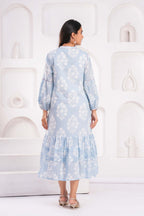Hand Block Printed Cotton Midi Dress with Kantha Details