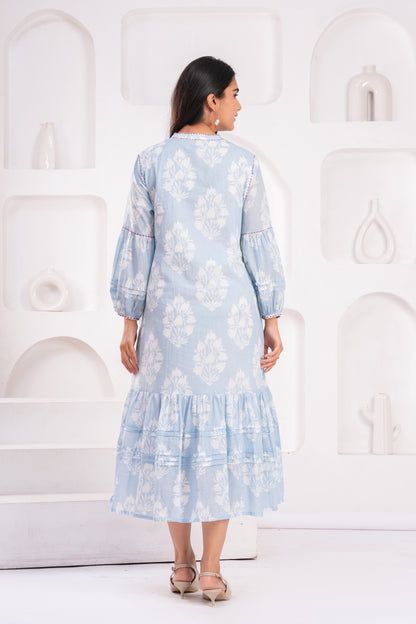 Light Blue & Pink Hand Block Printed Cotton Midi Dress with Kantha Details