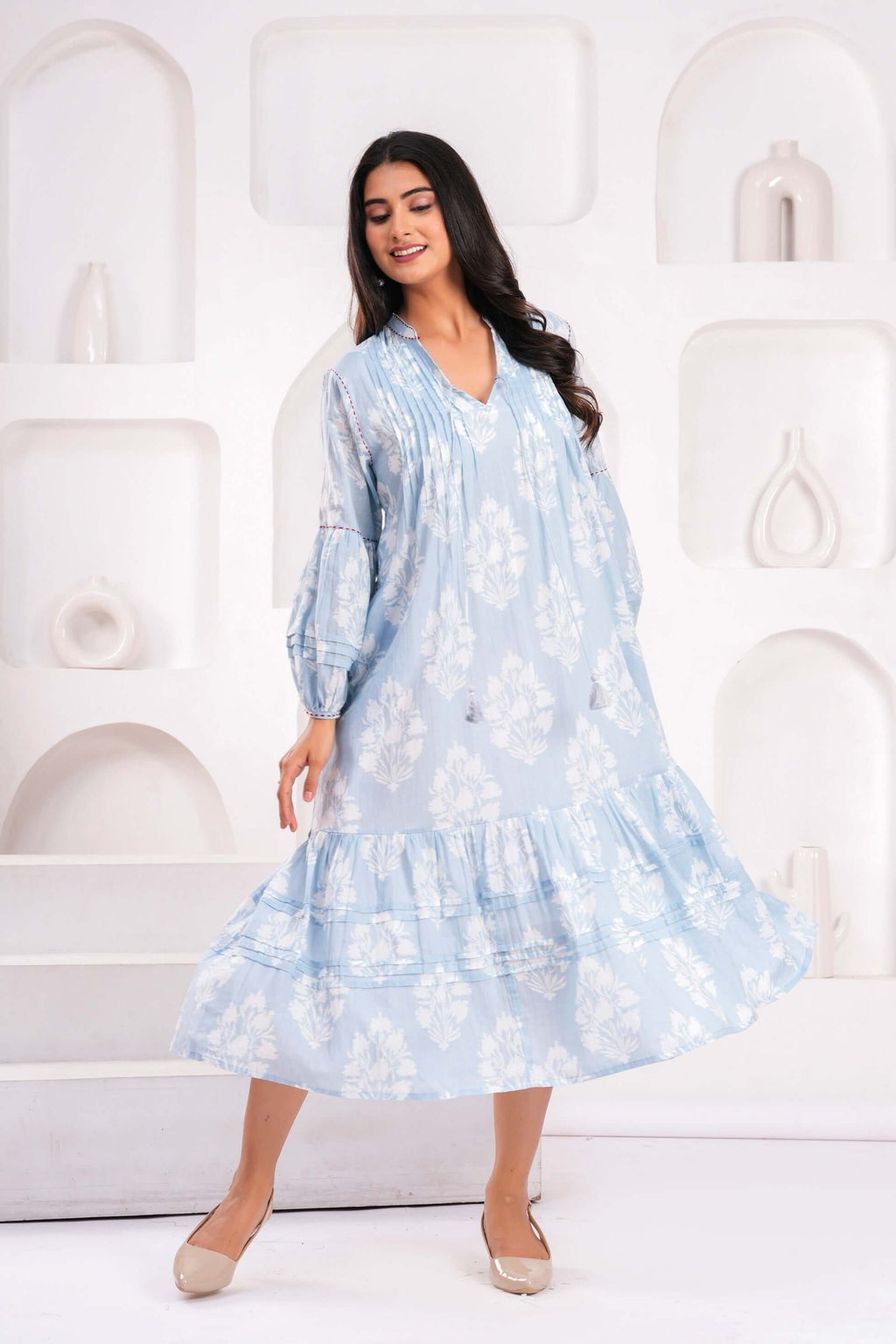 Hand Block Printed Cotton Midi Dress with Kantha Details