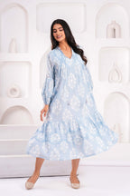 Hand Block Printed Cotton Midi Dress with Kantha Details