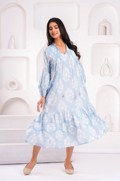 Light Blue & Pink Hand Block Printed Cotton Midi Dress with Kantha Details