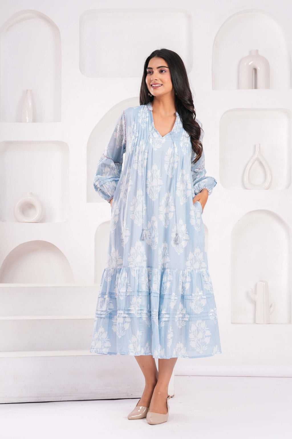 Hand Block Printed Cotton Midi Dress with Kantha Details