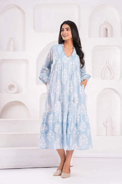 Light Blue & Pink Hand Block Printed Cotton Midi Dress with Kantha Details