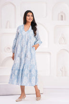 Hand Block Printed Cotton Midi Dress with Kantha Details