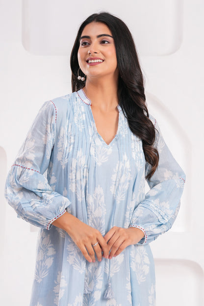 Light Blue & Pink Hand Block Printed Cotton Midi Dress with Kantha Details