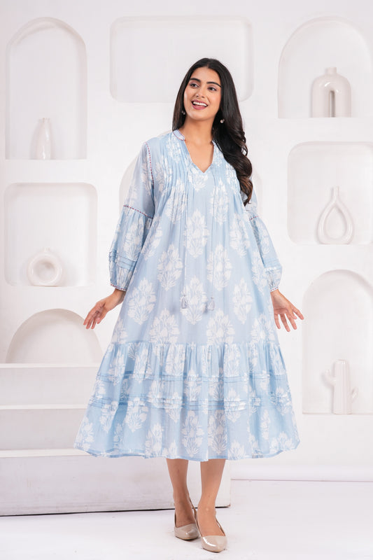 Light Blue & Pink Hand Block Printed Cotton Midi Dress with Kantha Details