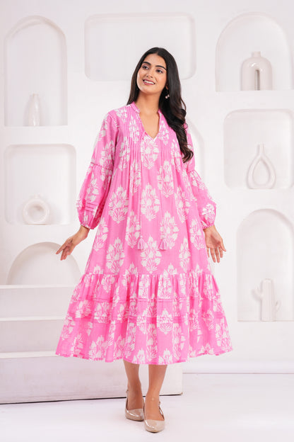 Light Blue & Pink Hand Block Printed Cotton Midi Dress with Kantha Details