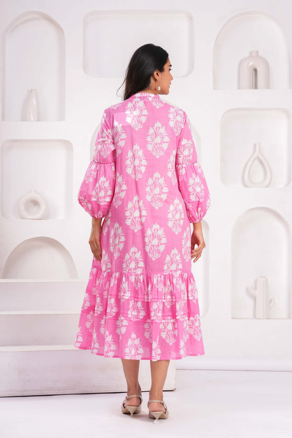 Hand Block Printed Cotton Midi Dress with Kantha Details