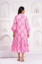 Hand Block Printed Cotton Midi Dress with Kantha Details