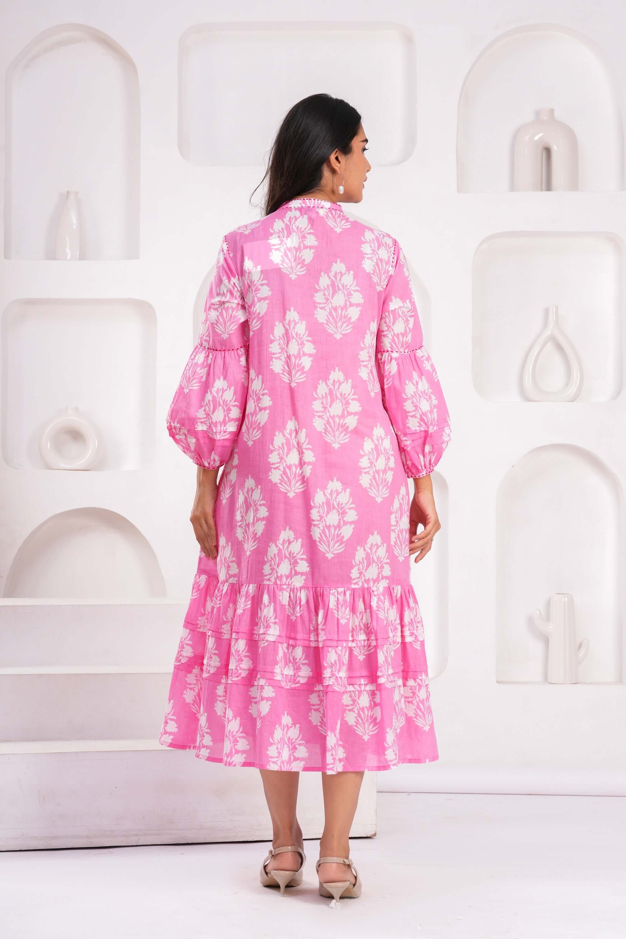 Hand Block Printed Cotton Midi Dress with Kantha Details