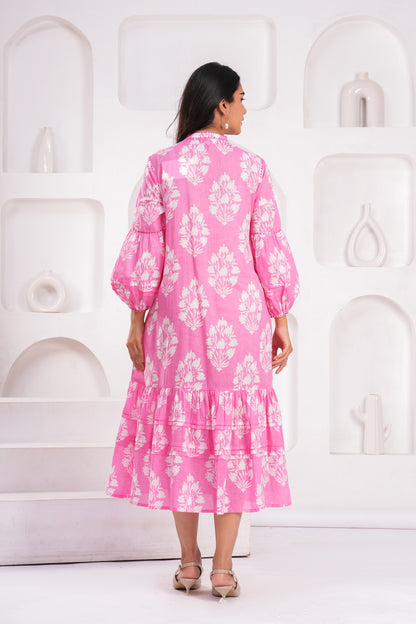 Light Blue & Pink Hand Block Printed Cotton Midi Dress with Kantha Details