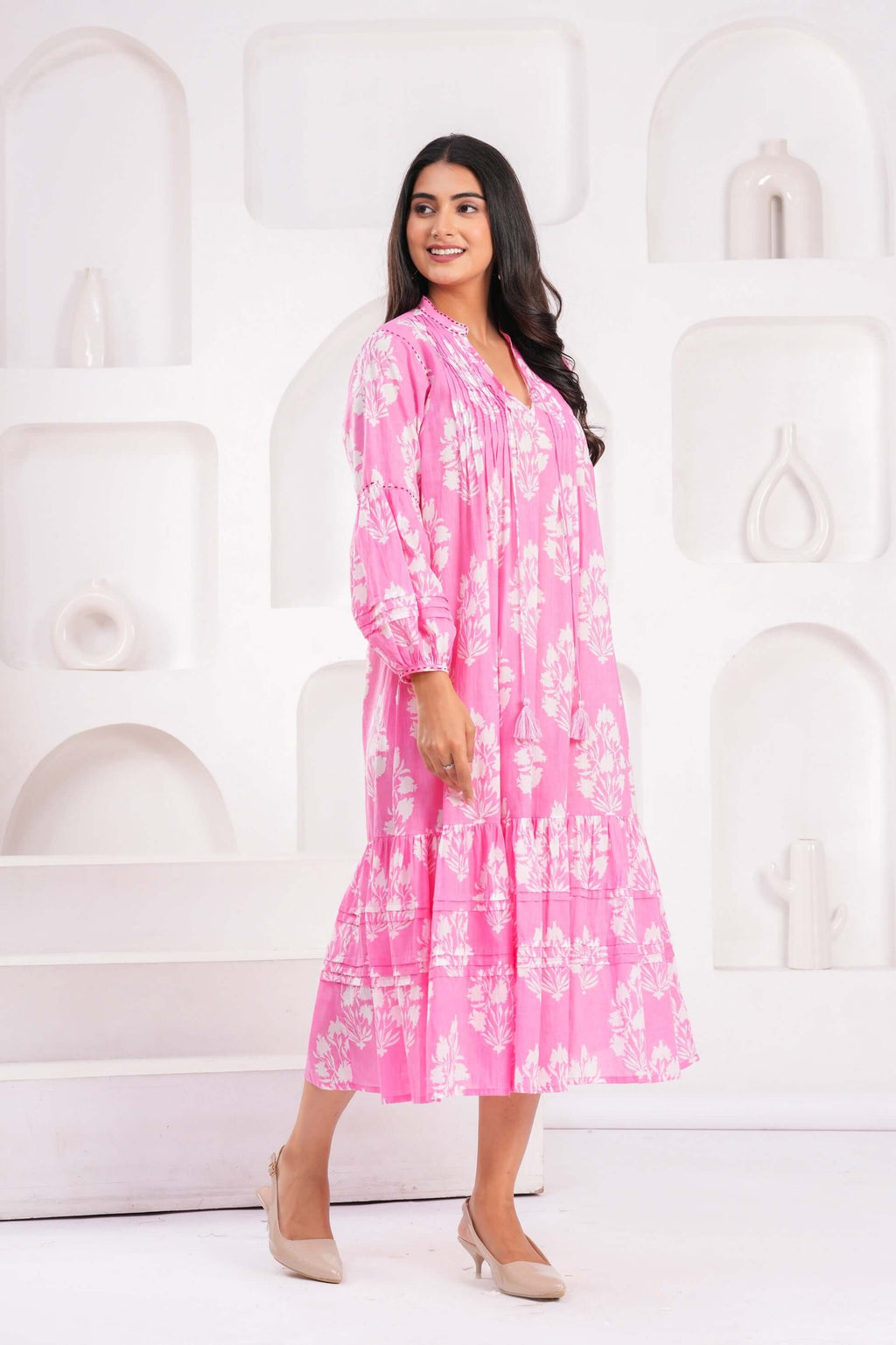 Hand Block Printed Cotton Midi Dress with Kantha Details