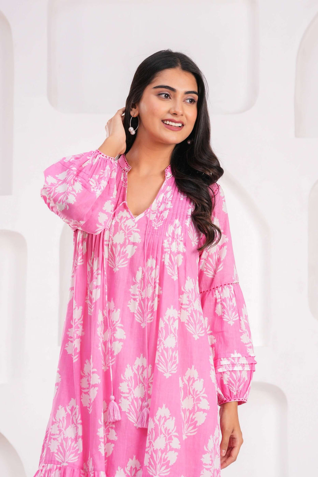 Hand Block Printed Cotton Midi Dress with Kantha Details