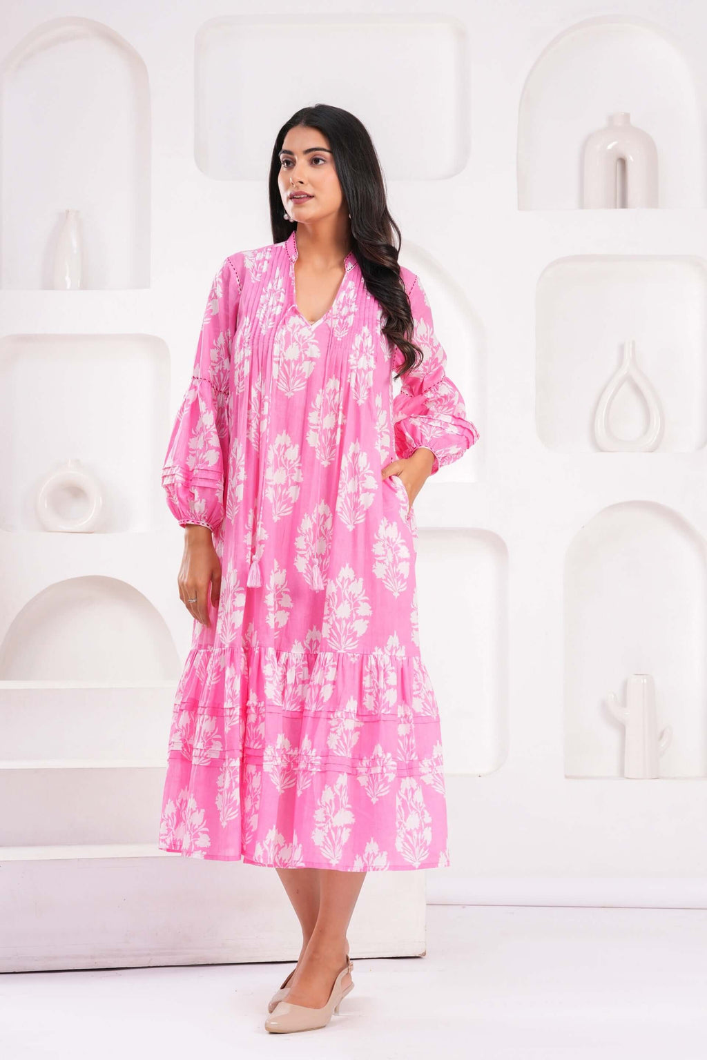 Hand Block Printed Cotton Midi Dress with Kantha Details