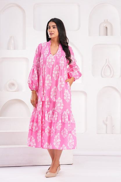 Light Blue & Pink Hand Block Printed Cotton Midi Dress with Kantha Details