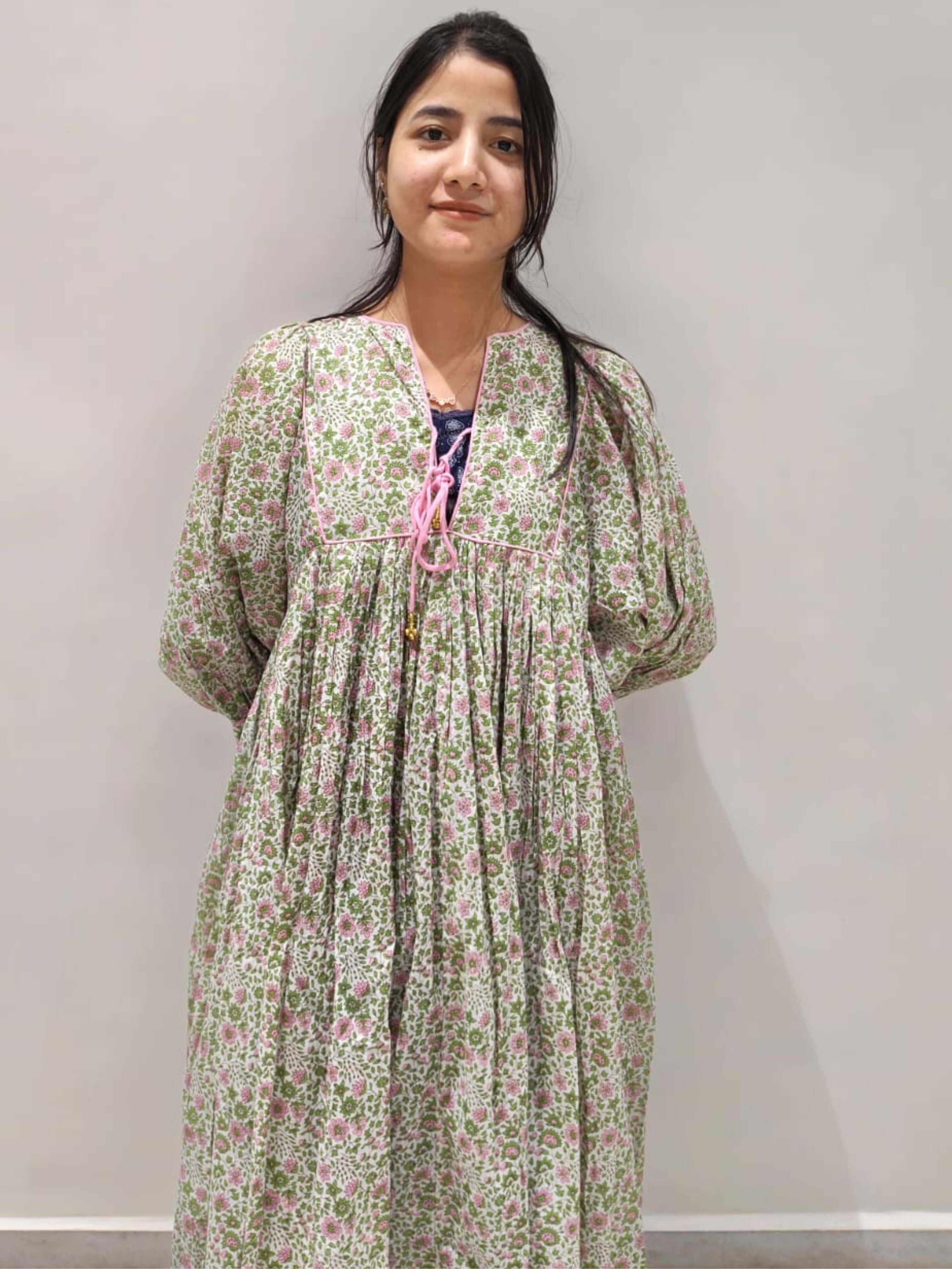 Floral Hand Block Print Cotton Midi Dress