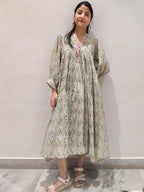 Floral Hand Block Print Cotton Midi Dress