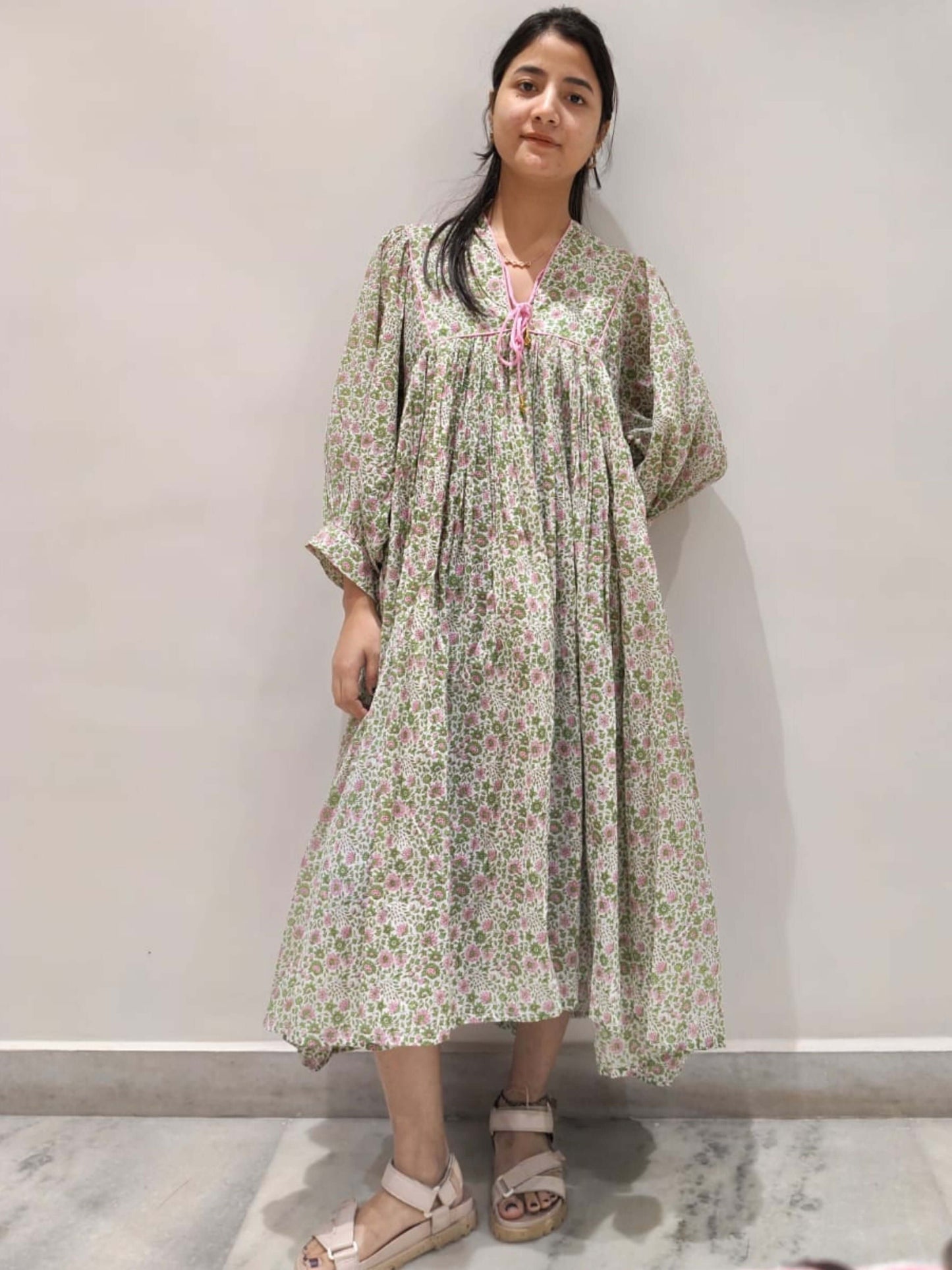 Floral Hand Block Print Cotton Midi Dress with Tie-Up Neck