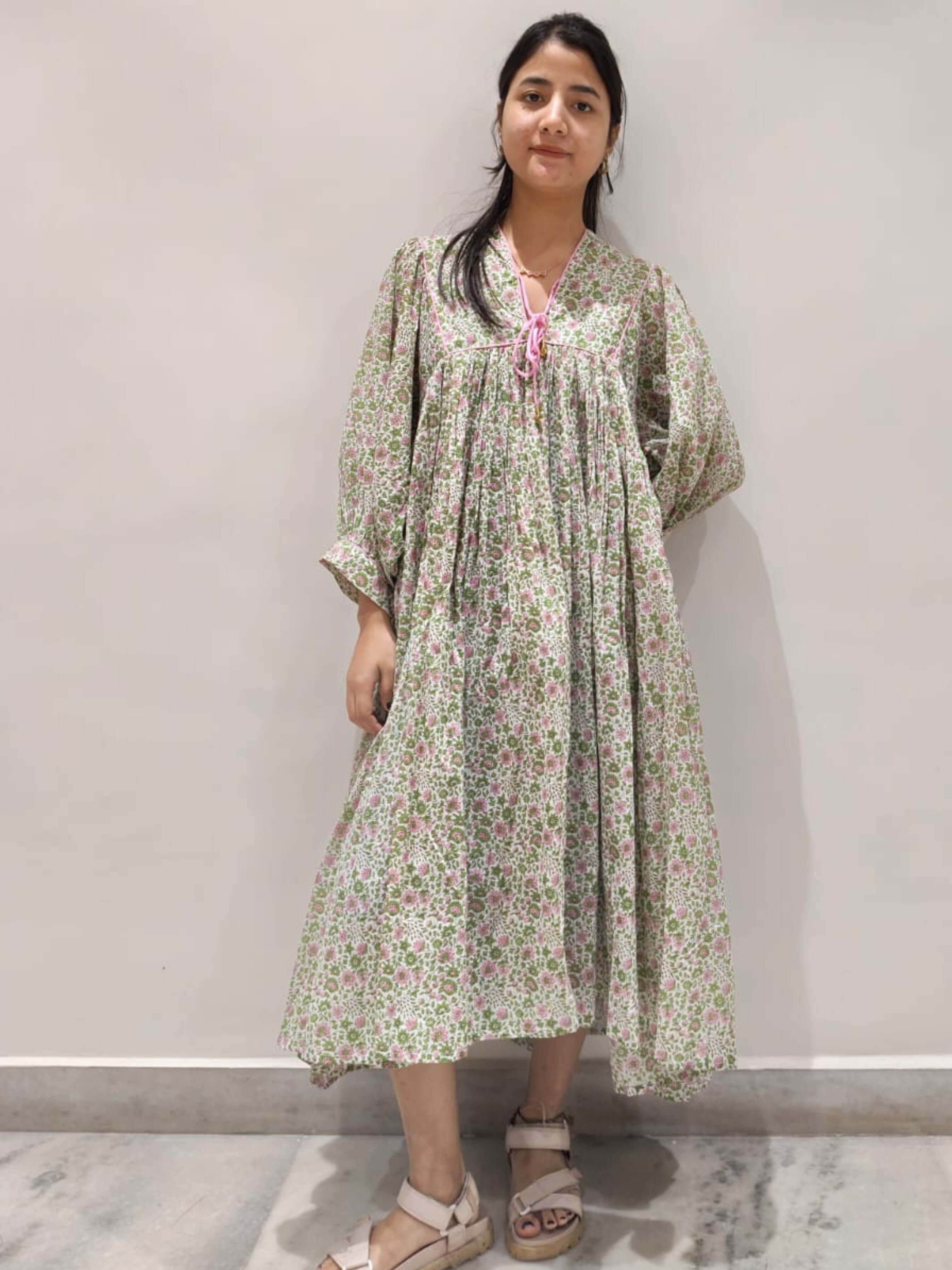 Floral Hand Block Print Cotton Midi Dress