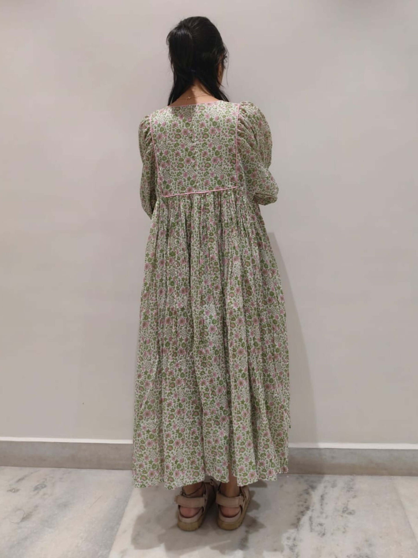 Floral Hand Block Print Cotton Midi Dress with Tie-Up Neck