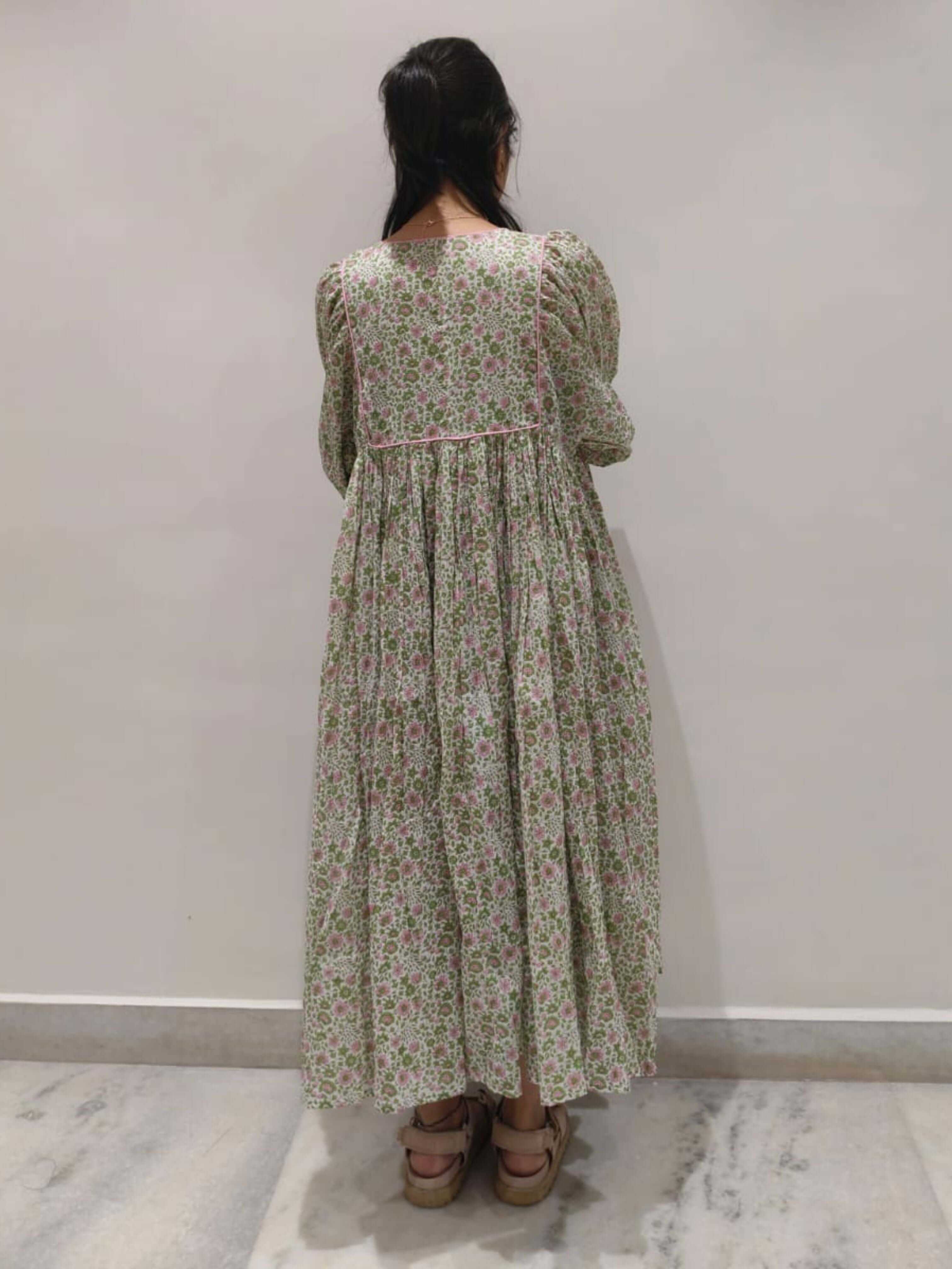Floral Hand Block Print Cotton Midi Dress