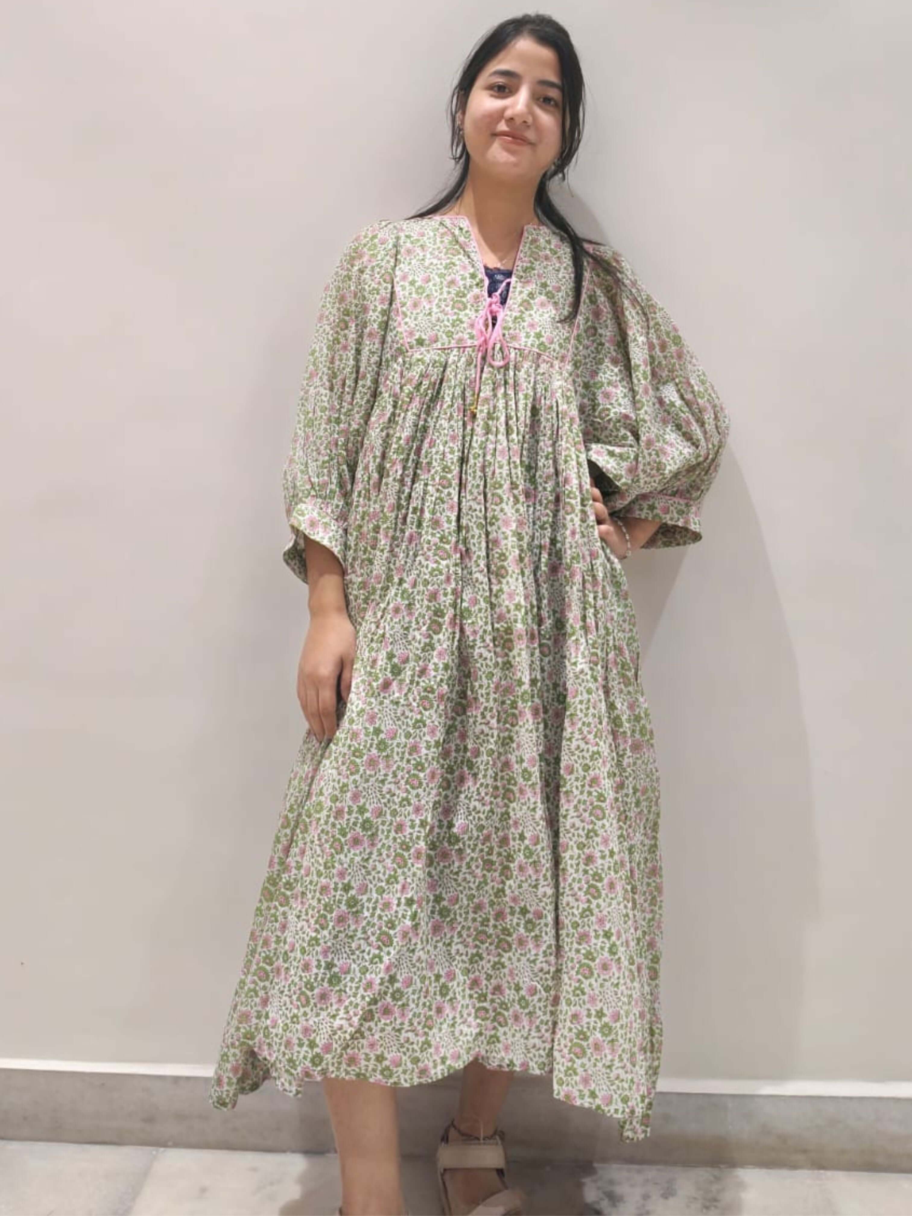 Floral Hand Block Print Cotton Midi Dress