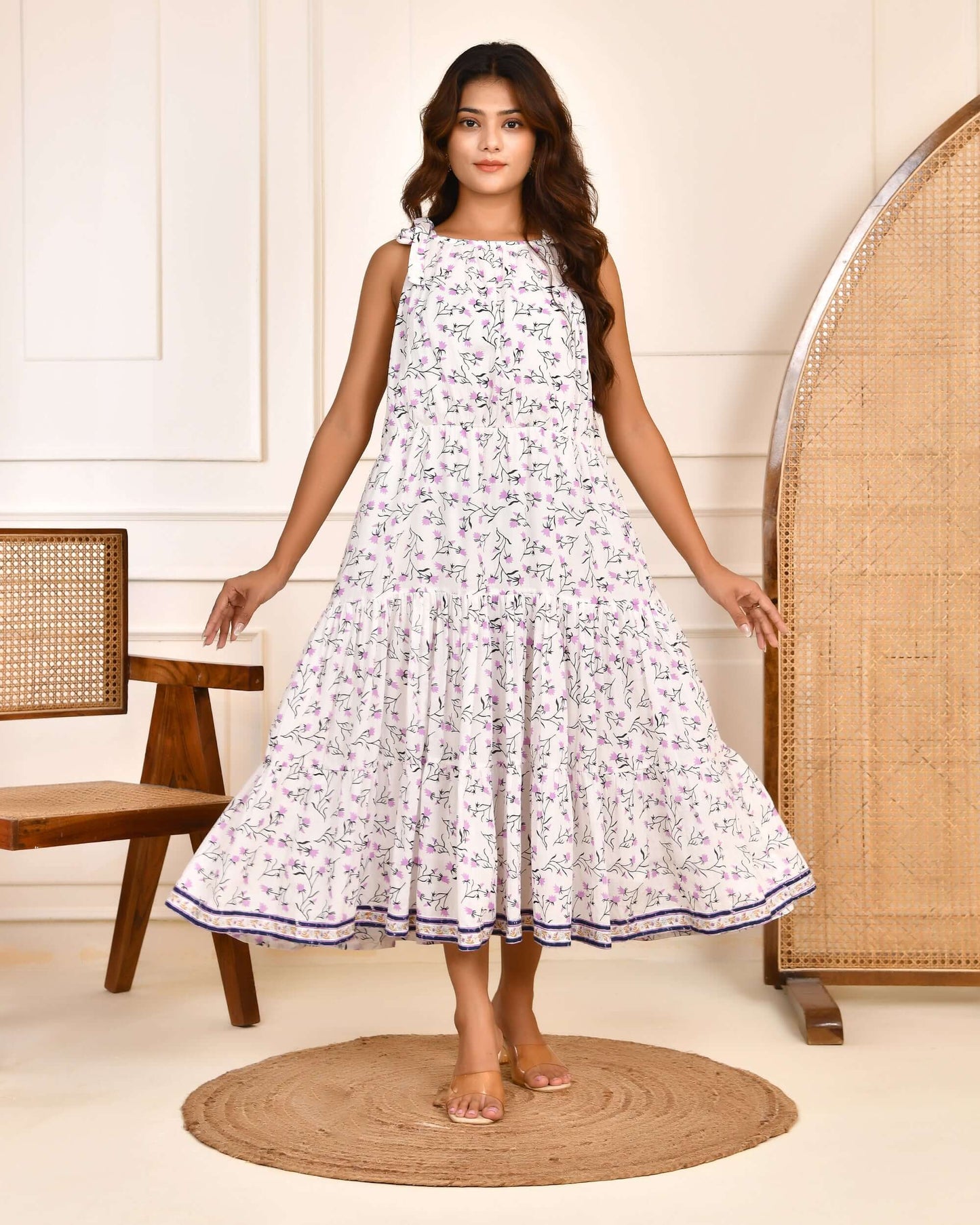 Hand Block Print White Cotton Tiered Hanna Midi Dress with Shoulder Tie-Up