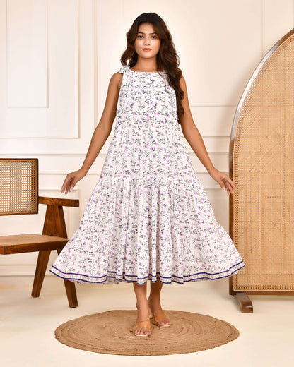 Hand Block Print White Cotton Tiered Hanna Midi Dress with Shoulder Tie-Up