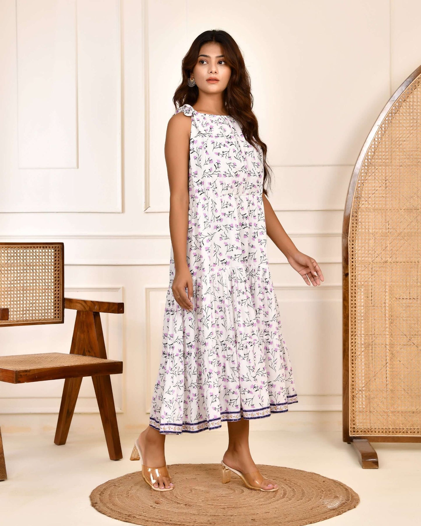 Hand Block Print White Cotton Tiered Hanna Midi Dress with Shoulder Tie-Up