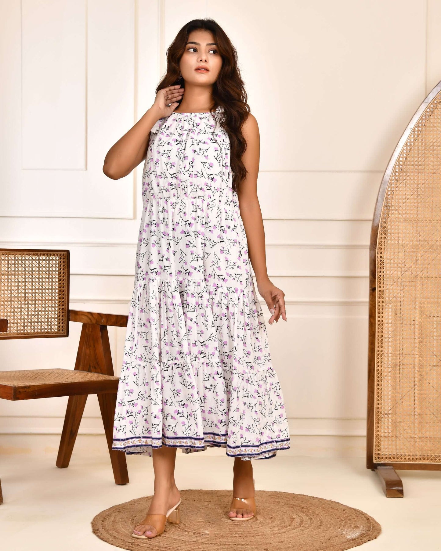 Hand Block Print White Cotton Tiered Hanna Midi Dress with Shoulder Tie-Up