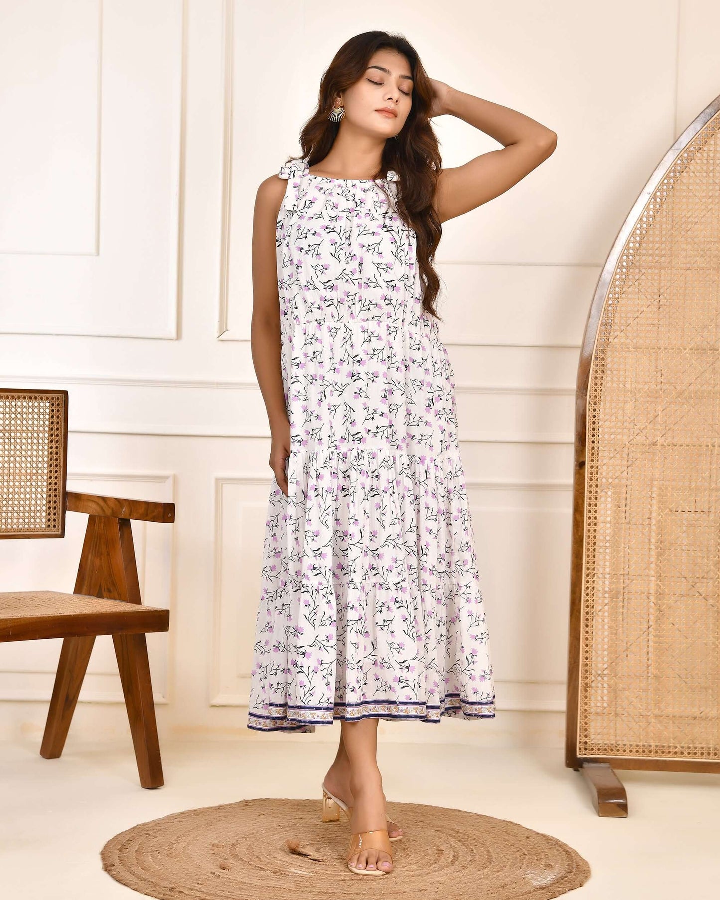 Hand Block Print White Cotton Tiered Hanna Midi Dress with Shoulder Tie-Up