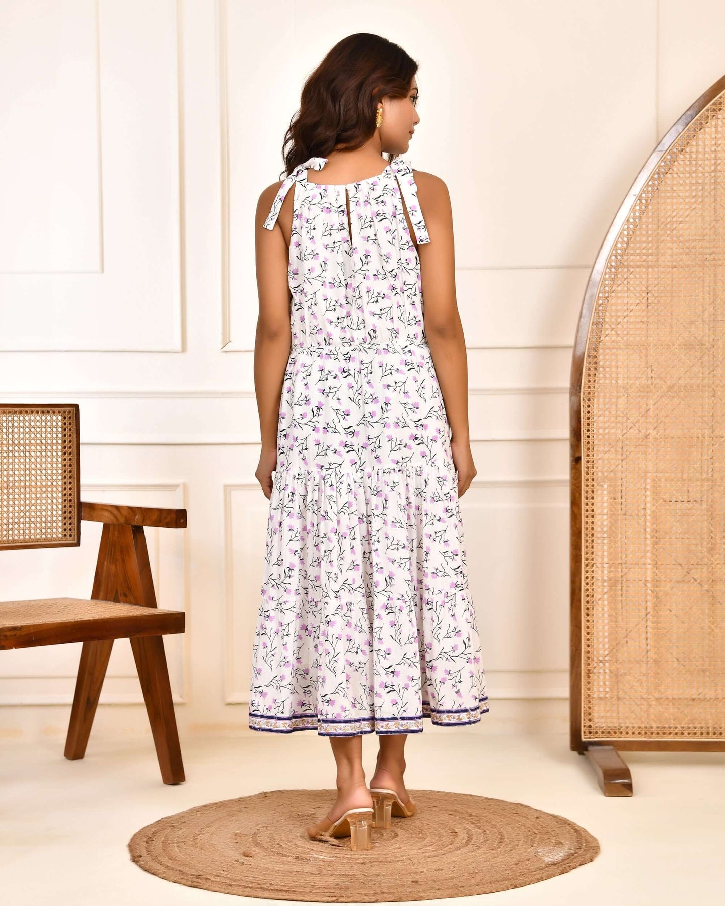 Hand Block Print White Cotton Tiered Hanna Midi Dress with Shoulder Tie-Up