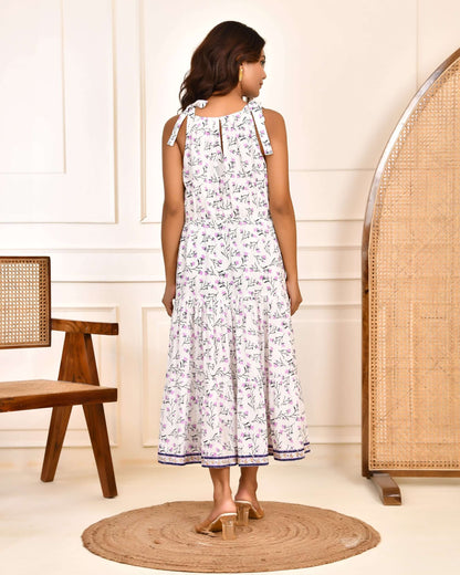 Hand Block Print White Cotton Tiered Hanna Midi Dress with Shoulder Tie-Up