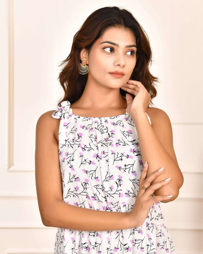 Hand Block Print White Cotton Tiered Hanna Midi Dress with Shoulder Tie-Up