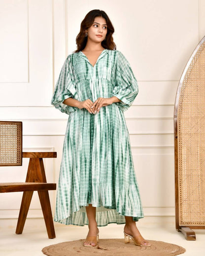 Cotton Tie-Dye V-Neck Sadia Midi Dress with 3/4th Sleeves & Tie-Up Detail worn by a model against a light backdrop.