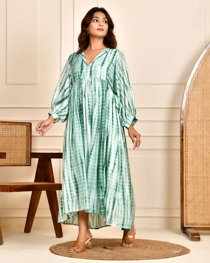 Cotton Tie-Dye V-Neck Sadia Midi Dress with 3/4th Sleeves & Tie-Up Detail on model in green hues.