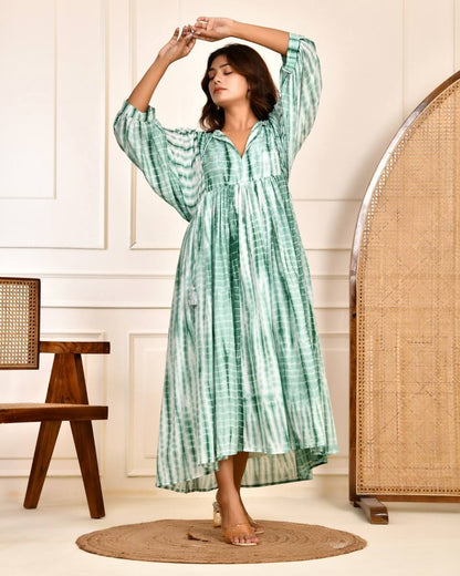 Cotton Tie-Dye V-Neck Sadia Midi Dress with 3/4th Sleeves & Tie-Up Detail in green, perfect for casual outings.